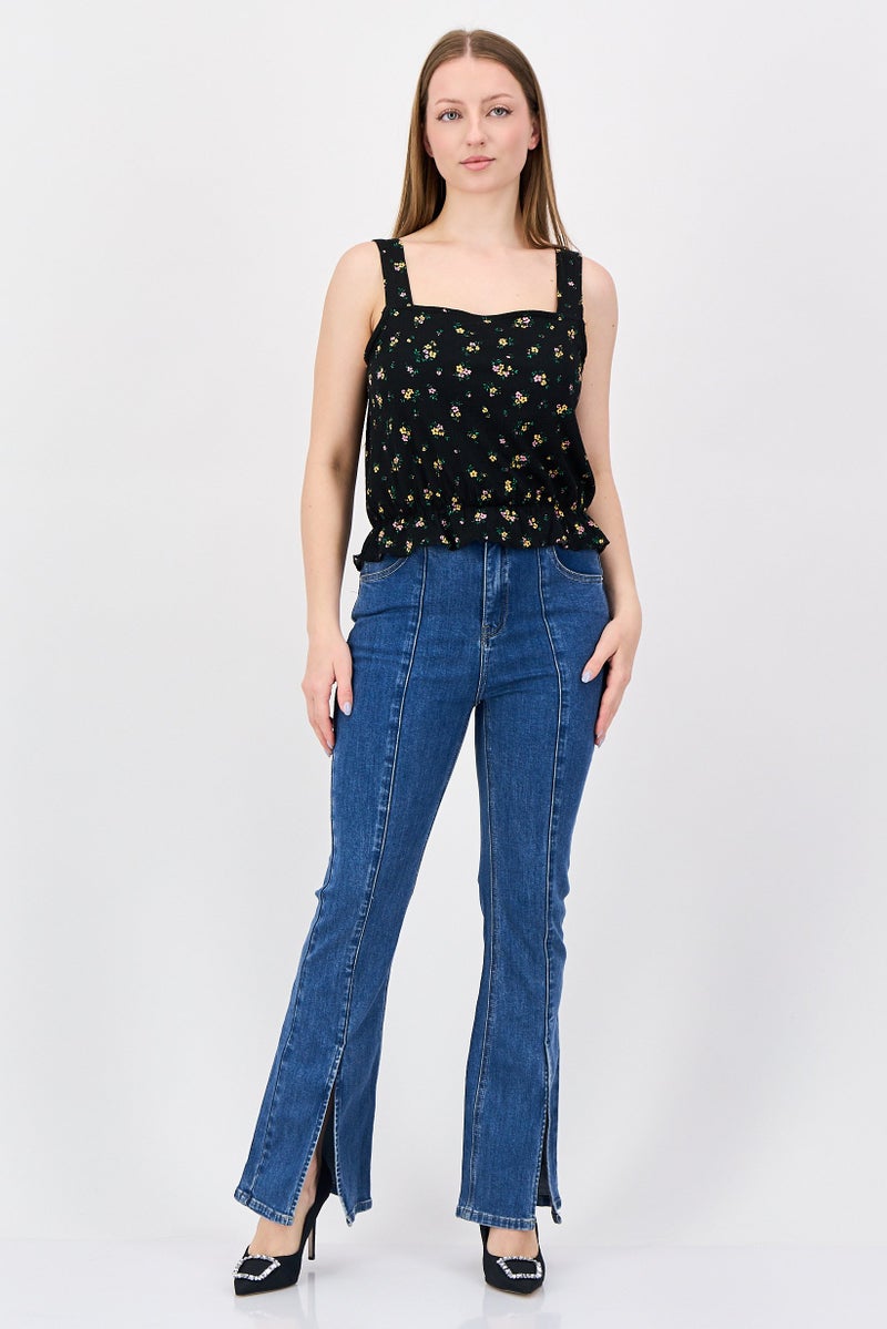 promod Women Square Neck Sleeveless Floral Pattern Crop Tank Top, Multicolor - Image 4